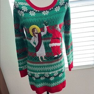Christmas Sweater dress Jesus and Santa High 5 festive and fun